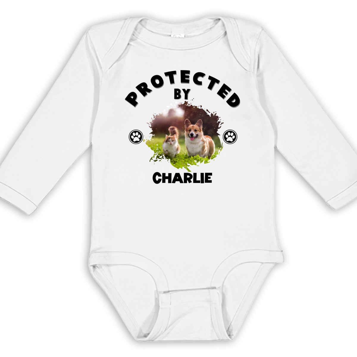 Personalized Custom Long Sleeve Baby Onesie with Human Protected By Pets Photo