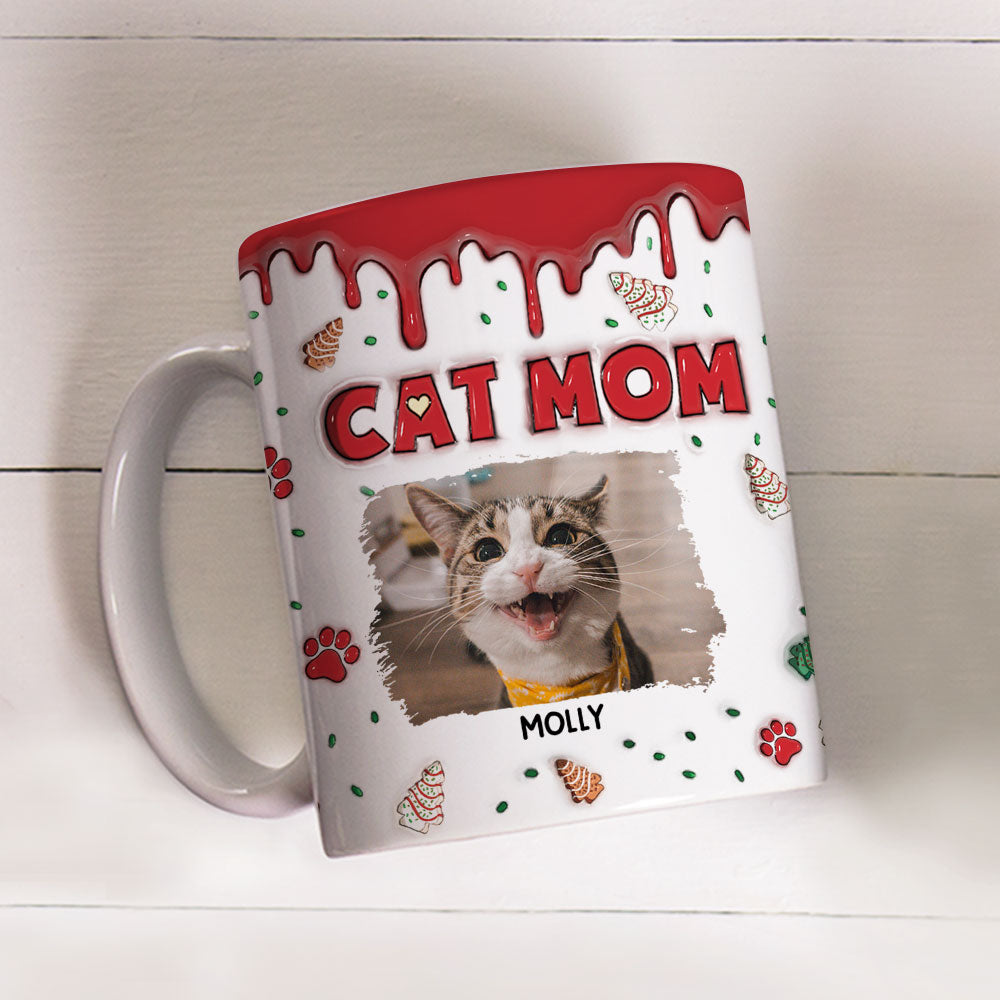Personalized Custom 3D Inflated Effect Cat Mom Christmas Cake Photo Mug - 11oz & 15oz
