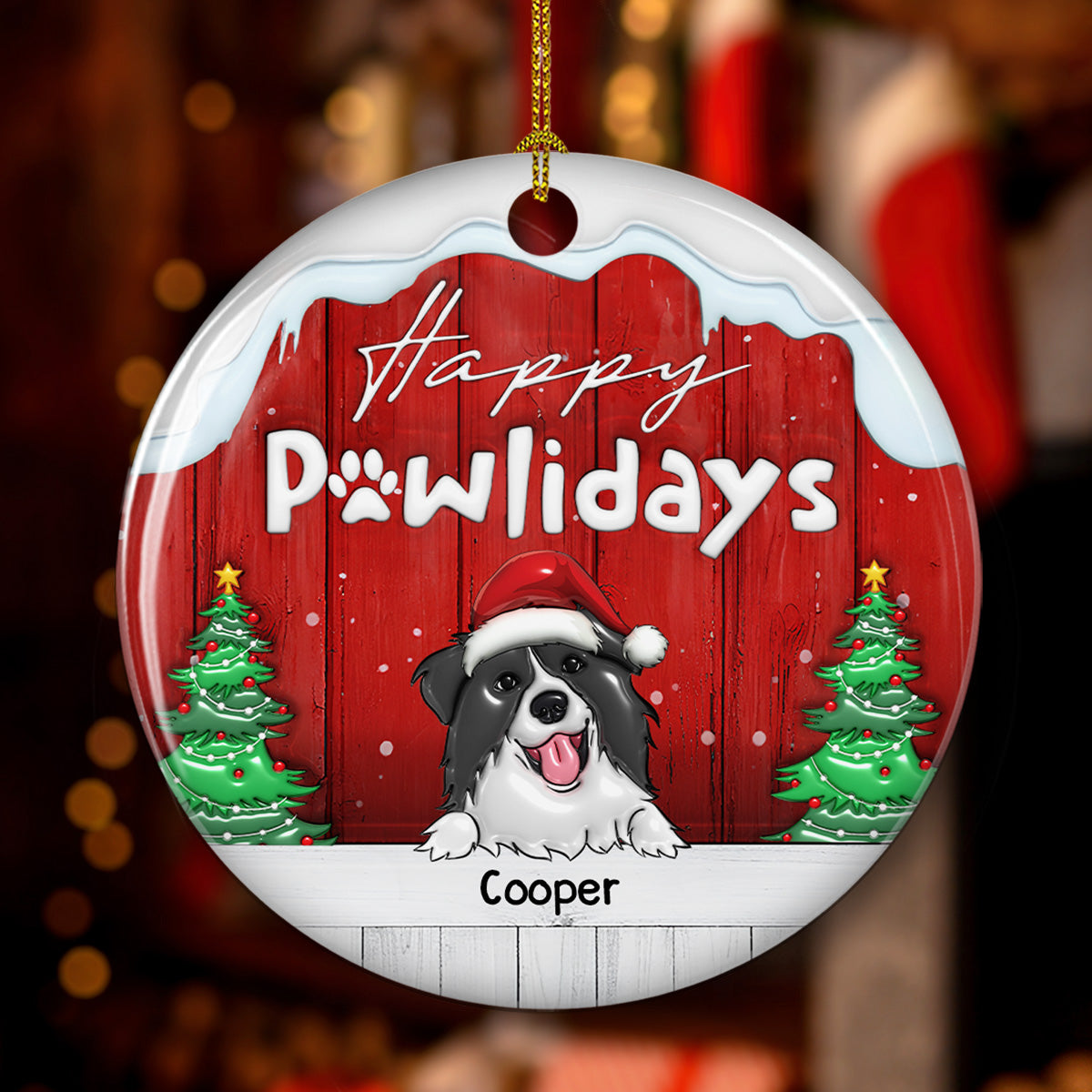 Happy Holiday Personalized Custom 3D Inflated Effect Premium White Ceramic Ornament for Dogs - Ideal Christmas Keepsake