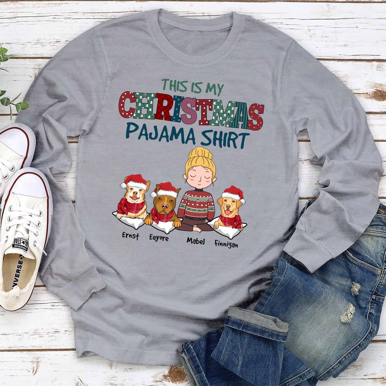 Personalized Custom Christmas Long Sleeve Pajama T-shirt for Pet Lovers