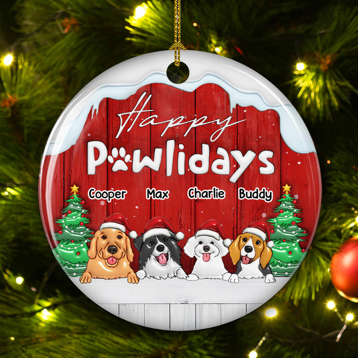 Happy Holiday Personalized Custom 3D Inflated Effect Premium White Ceramic Ornament for Dogs - Ideal Christmas Keepsake