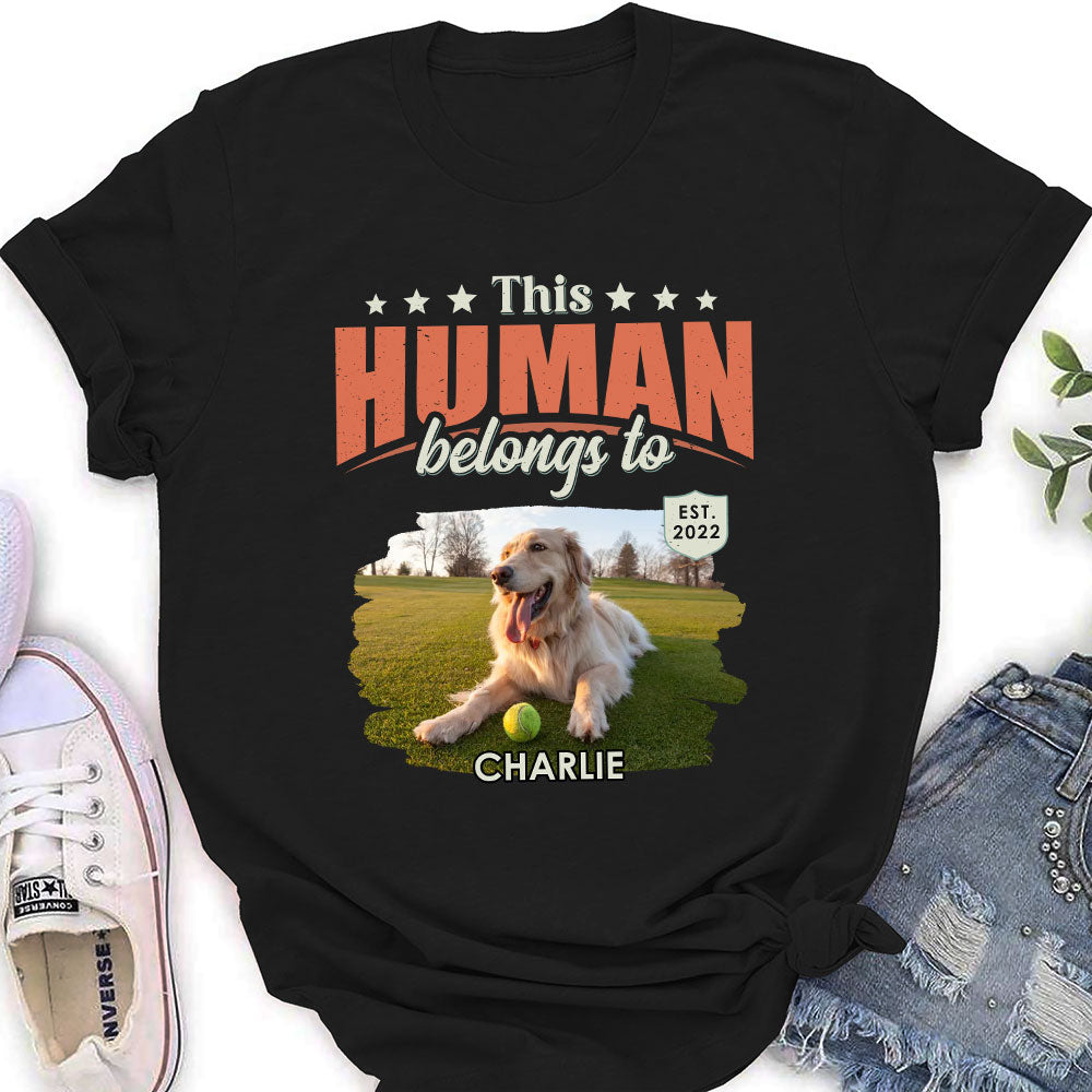 Personalized Custom Women's 'This Human Belongs To Dogs' Photo T-Shirt - Ideal Gift for Pet Lovers
