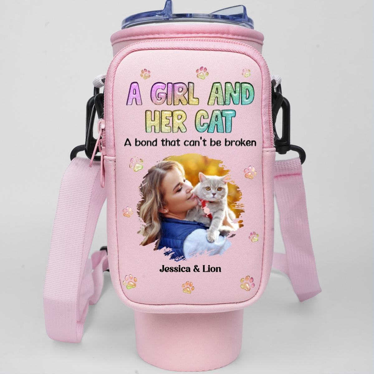 Personalized Custom Water Bottle Carrier Bag with A Girl And Her Cat Photo - Ideal for 40oz Tumblers