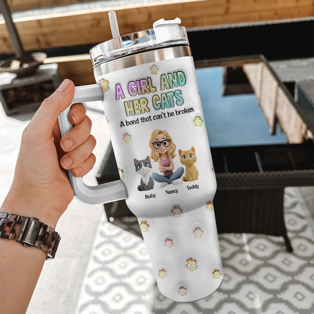Personalized Custom 3D Inflated Effect Tumbler: A Girl And Her Cat Design