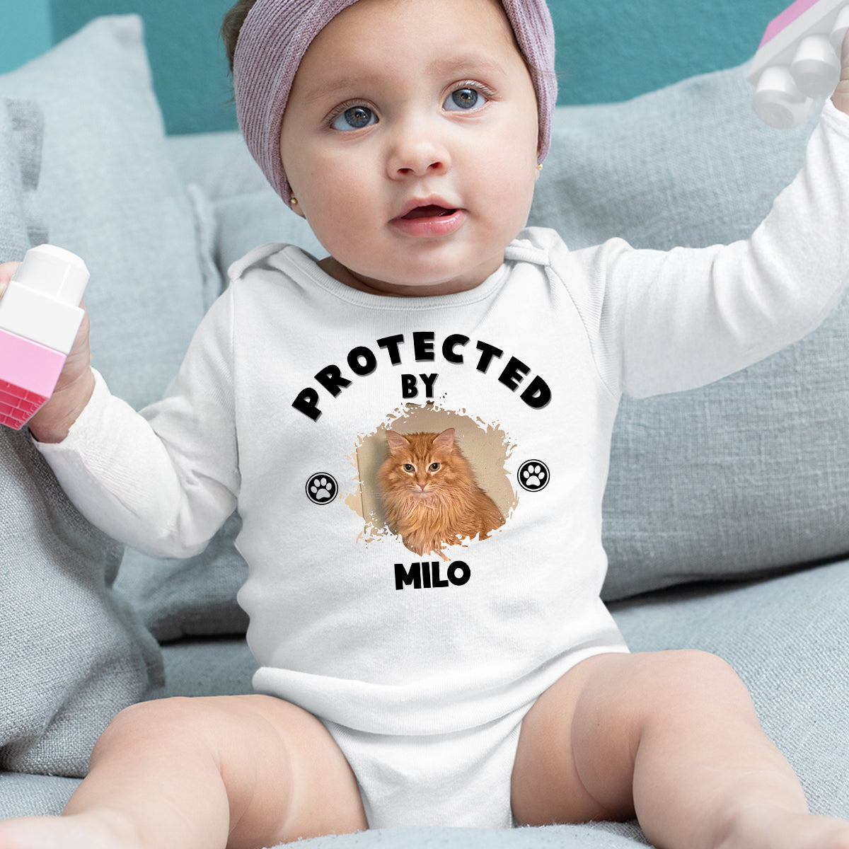 Personalized Custom Long Sleeve Baby Onesie with Human Protected By Pets Photo