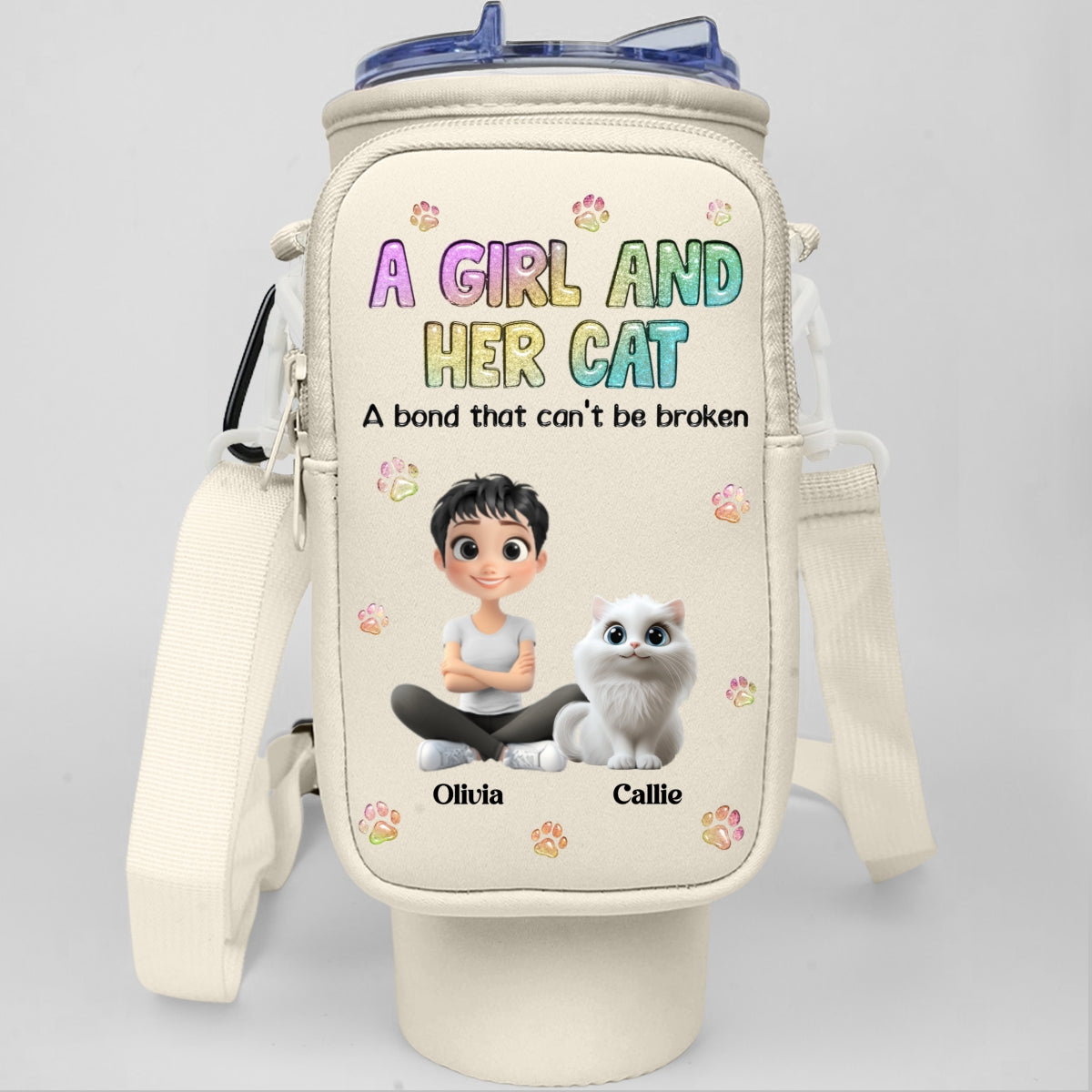A Girl And Her Cat - Personalized Custom 40oz Tumbler or Water Bottle Carrier Bag with Detachable Pouch