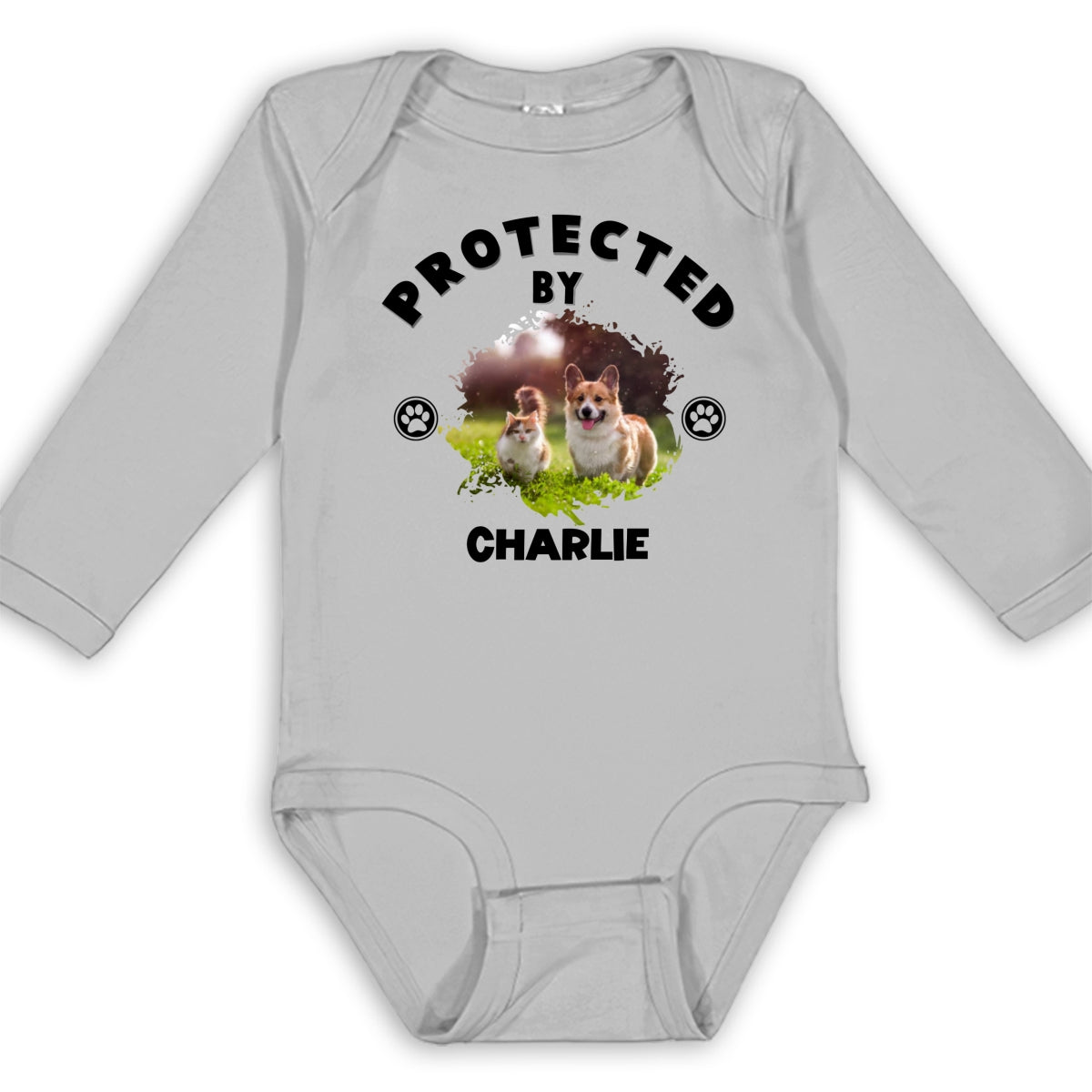 Personalized Custom Long Sleeve Baby Onesie with Human Protected By Pets Photo