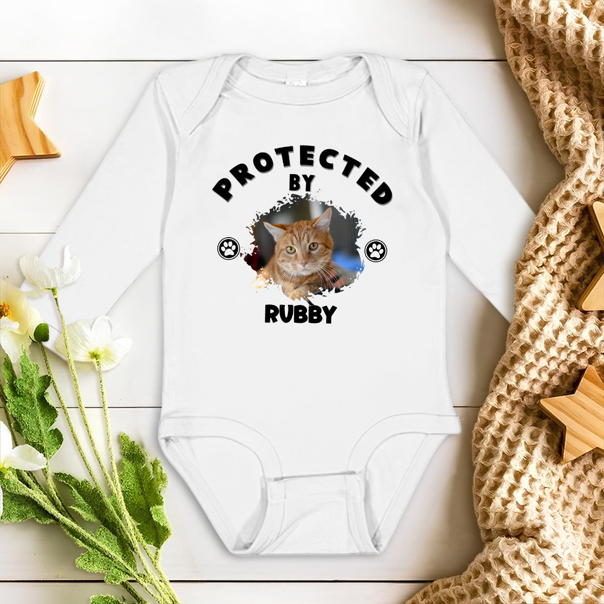 Personalized Custom Long Sleeve Baby Onesie with Human Protected By Pets Photo