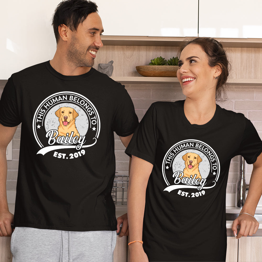 Personalized Custom Unisex 'Human Belongs To Dog Couple' T-shirt - Ideal Gift for Pet Lovers