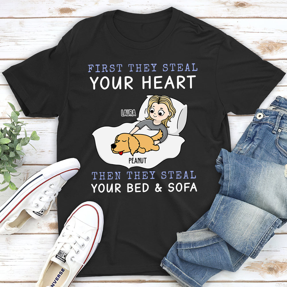 First They Steal Heart - Personalized Custom Unisex 5.3 oz T-shirt for Pet Lovers