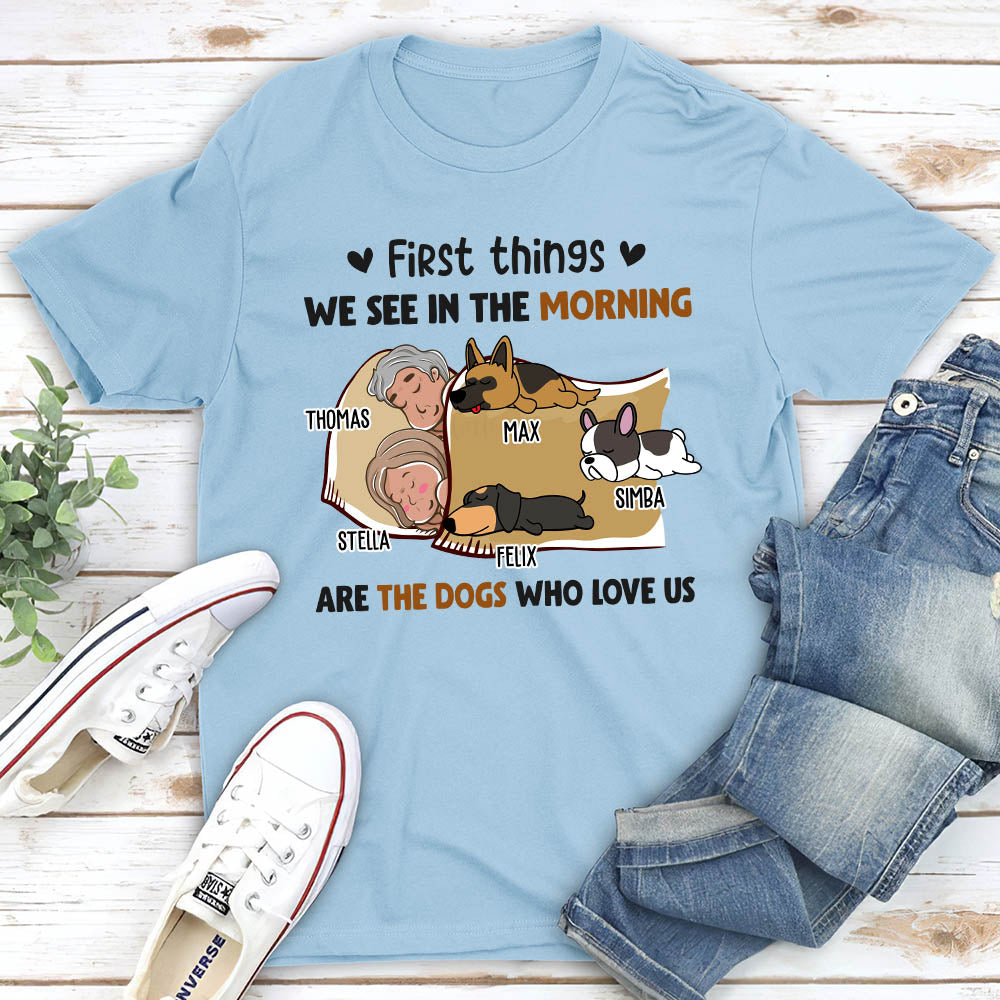 Morning First Thing Couple - Personalized Custom Unisex 5.3 oz T-shirt for Pet Lovers