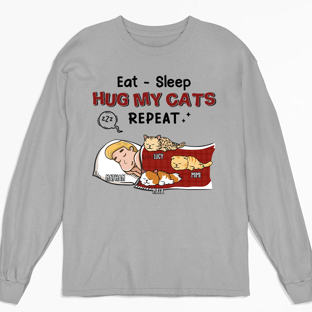 Eat Sleep Hug Cat Repeat - Customizable Personalized Long Sleeve Unisex T-shirt for Pet Lovers
