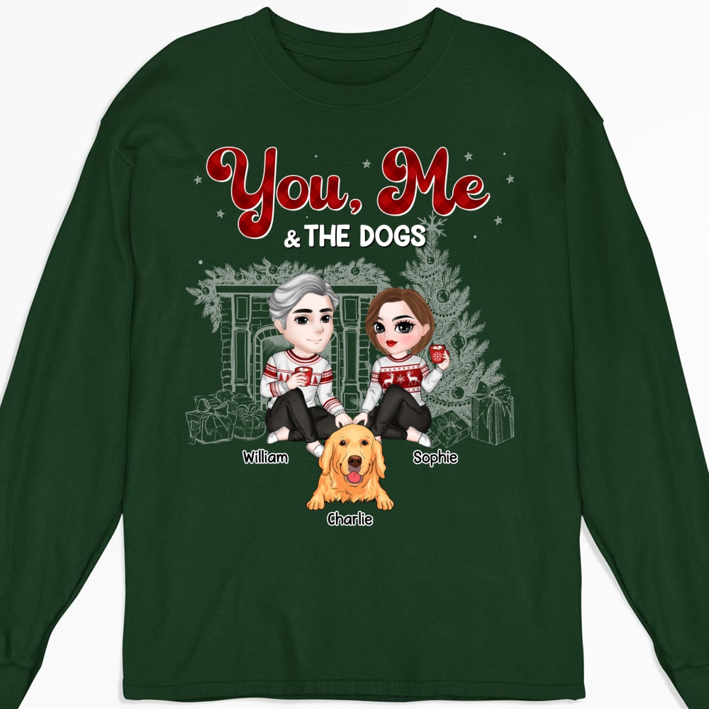 Customizable Couple And Their Dogs Christmas Personalized Long Sleeve Unisex T-shirt