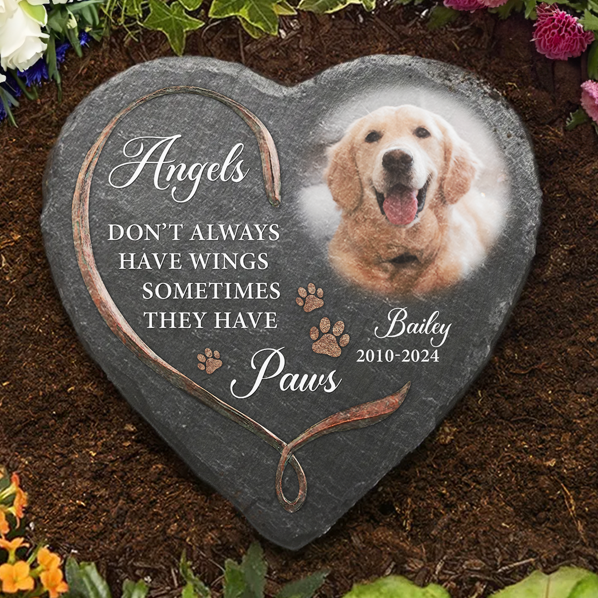 Personalized Paw And Angel Wings Custom Pet Memorial Stone for Garden Tribute