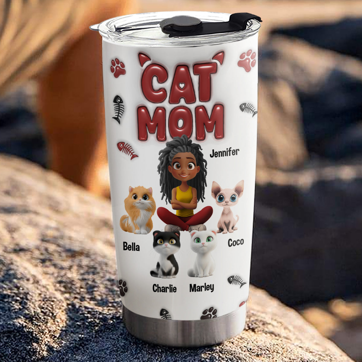 Charming Lovely Cat Mama Personalized Custom 3D Inflated Effect 20oz Stainless Steel Tumbler for All Occasions
