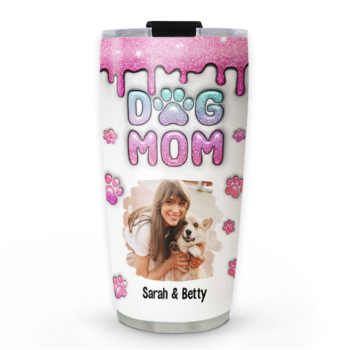 Unique Personalized Custom 3D Inflated Effect Dog Mom Glitter Photo Tumbler