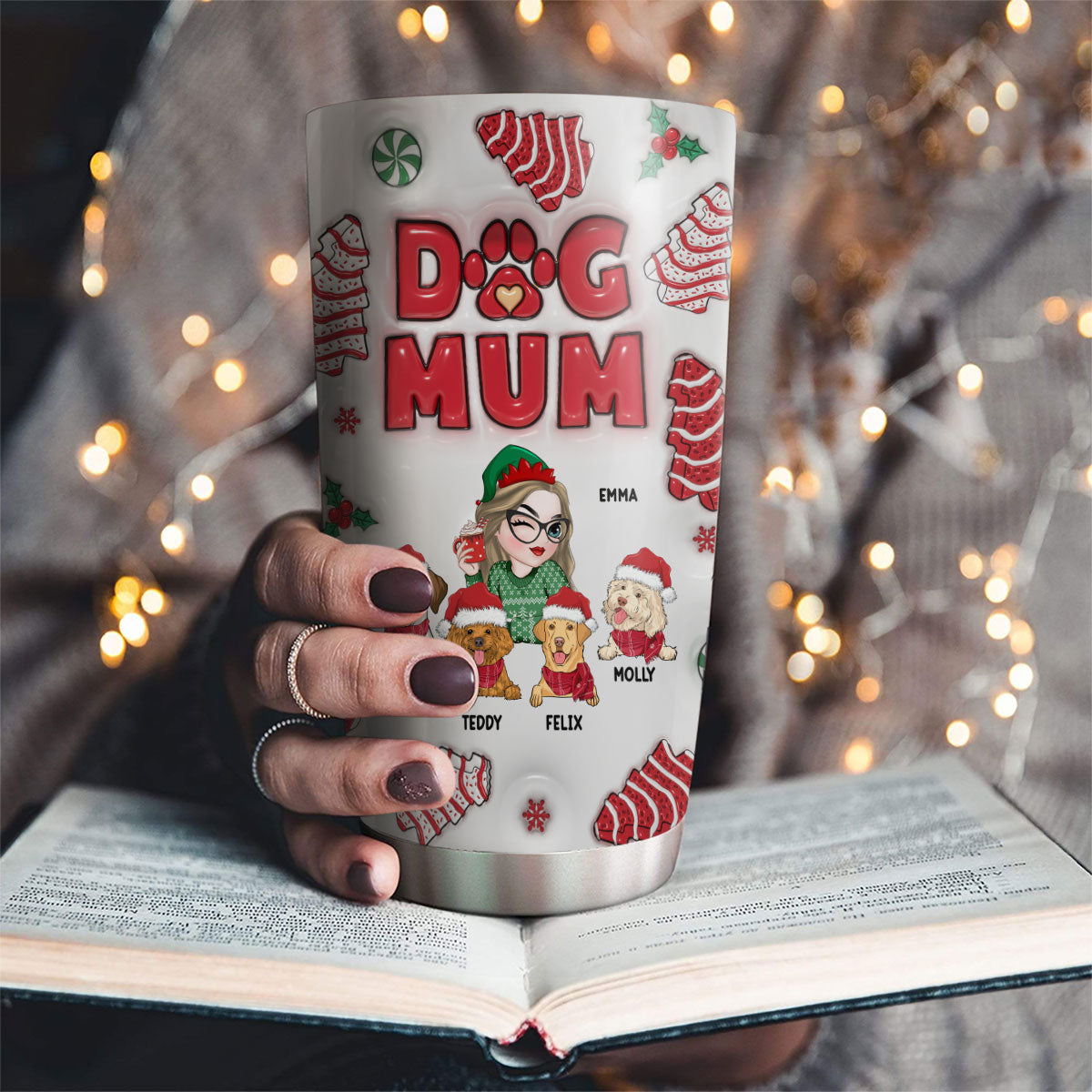 Customizable 3D Inflated Effect Personalized Dog Mom Christmas Tumbler - 20oz High - Quality Stainless Steel