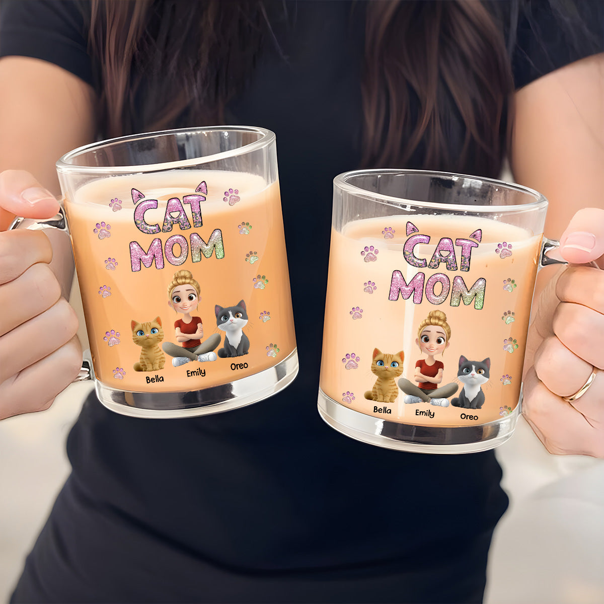 Cat Mom Charming Personalized 3D Inflated Effect Custom Glass Mug - Lovely Chibi Style