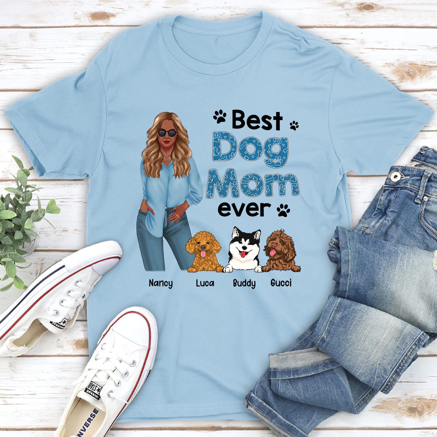 Best Dog Mom Blue - Personalized Custom Unisex 5.3 oz T-shirt for Pet Lovers