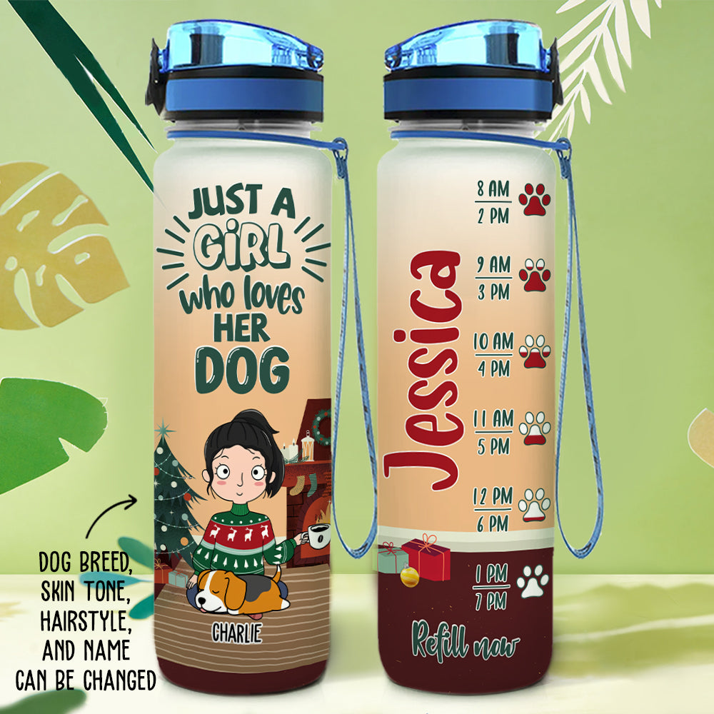 Personalized Custom Christmas Water Tracker Bottle - A Girl Loves Dog Design