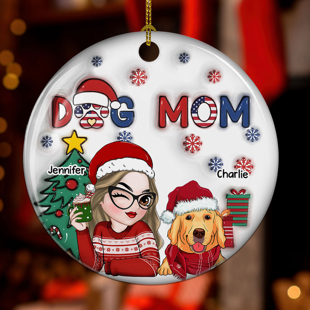 American Dog Mom Christmas - Exquisitely Personalized Custom 3D Inflated Effect Ceramic Christmas Ornament