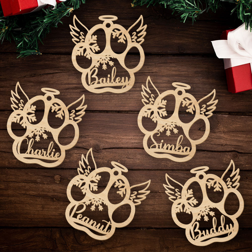 Personalized Custom 1 - Layered Dog Paw And Wings Wood Christmas Ornament for Pet Lovers