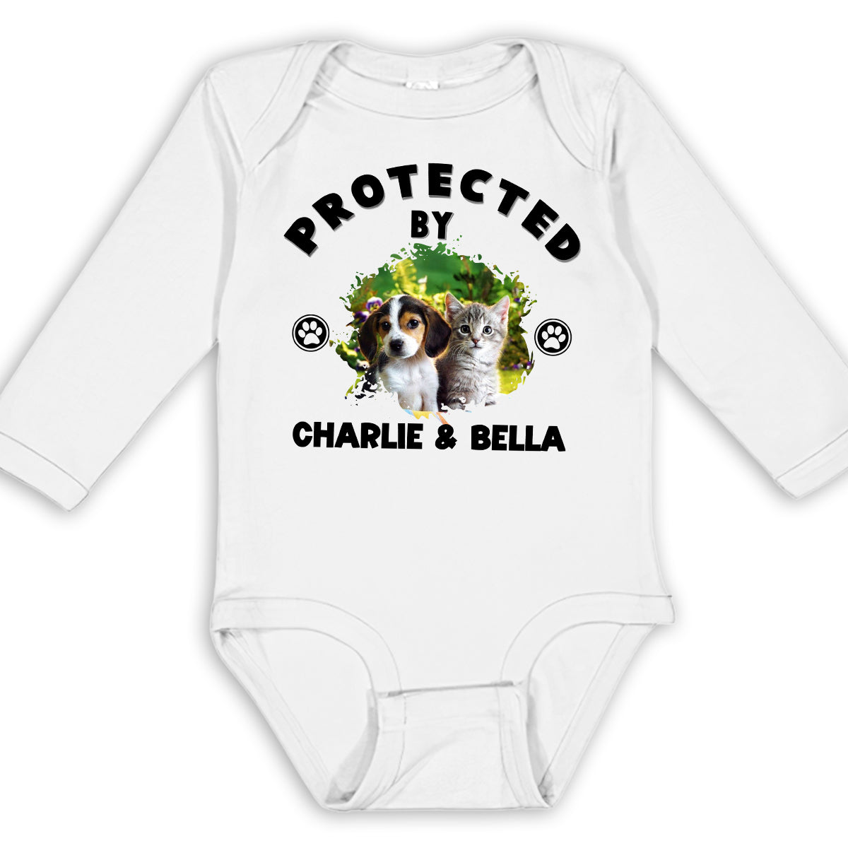Personalized Custom Long Sleeve Baby Onesie with Human Protected By Pets Photo