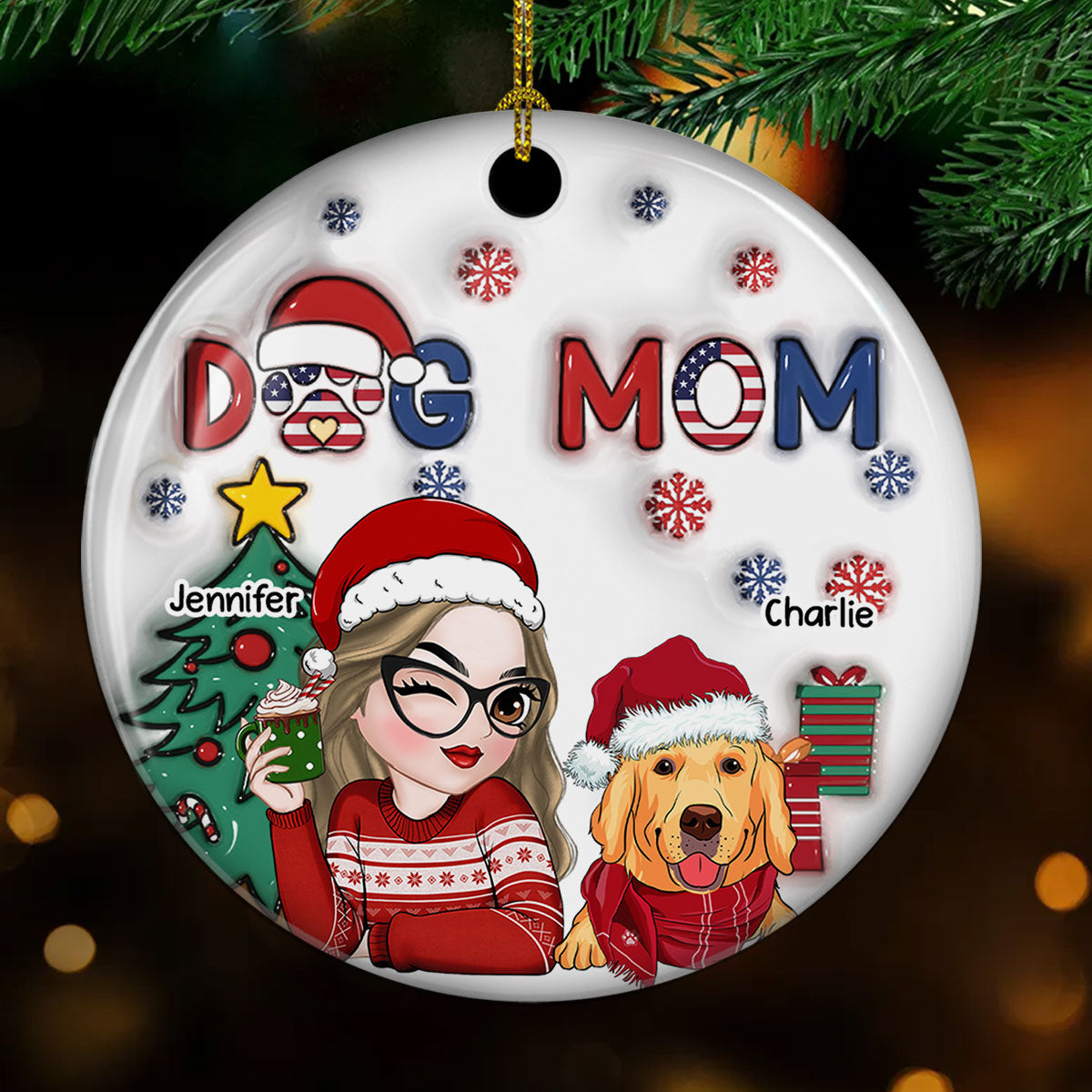 American Dog Mom Christmas - Exquisitely Personalized Custom 3D Inflated Effect Ceramic Christmas Ornament