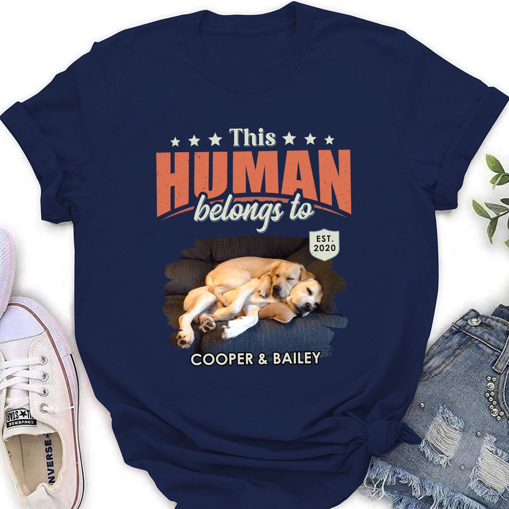 Personalized Custom Women's 'This Human Belongs To Dogs' Photo T-Shirt - Ideal Gift for Pet Lovers