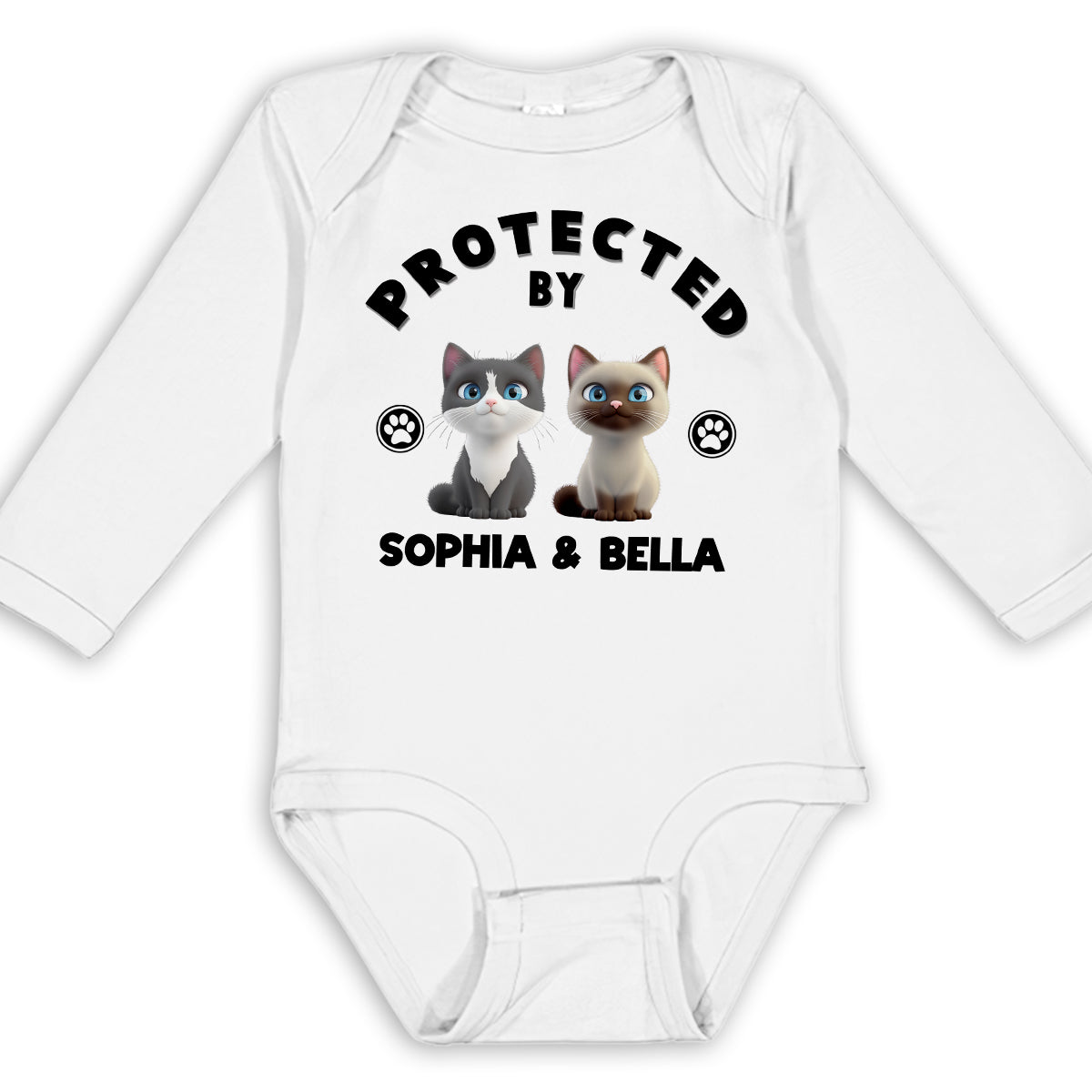 Adorable Personalized Custom Long Sleeve Baby Onesie with Human Protected By Cats Design