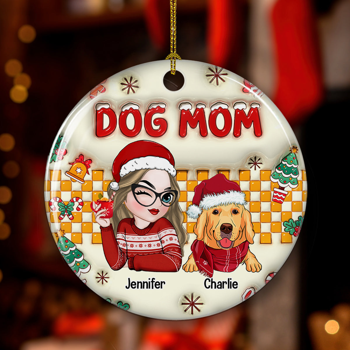 Unique Personalized Dog Mom Snow 3D Inflated Effect Ceramic Christmas Ornament