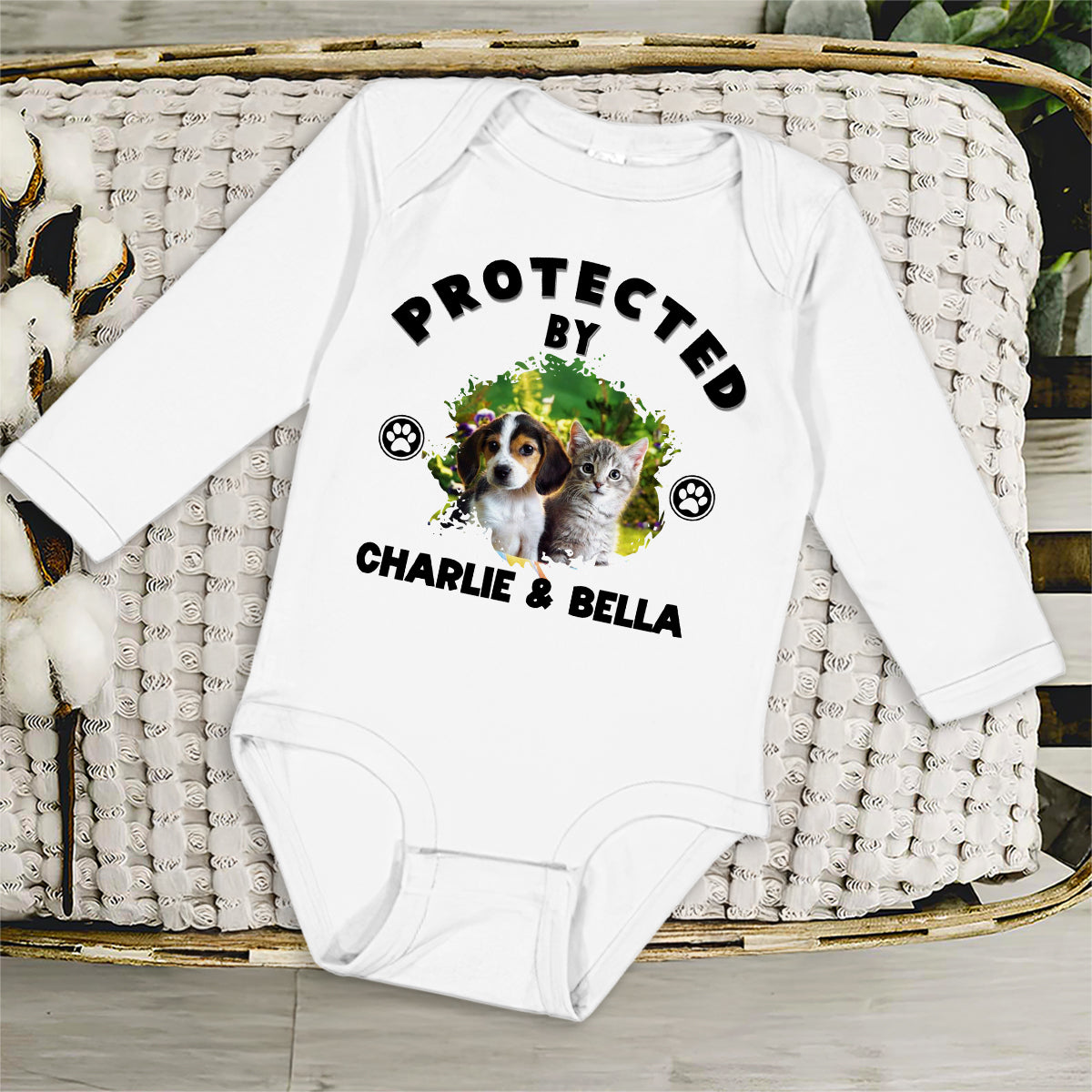 Personalized Custom Long Sleeve Baby Onesie with Human Protected By Pets Photo