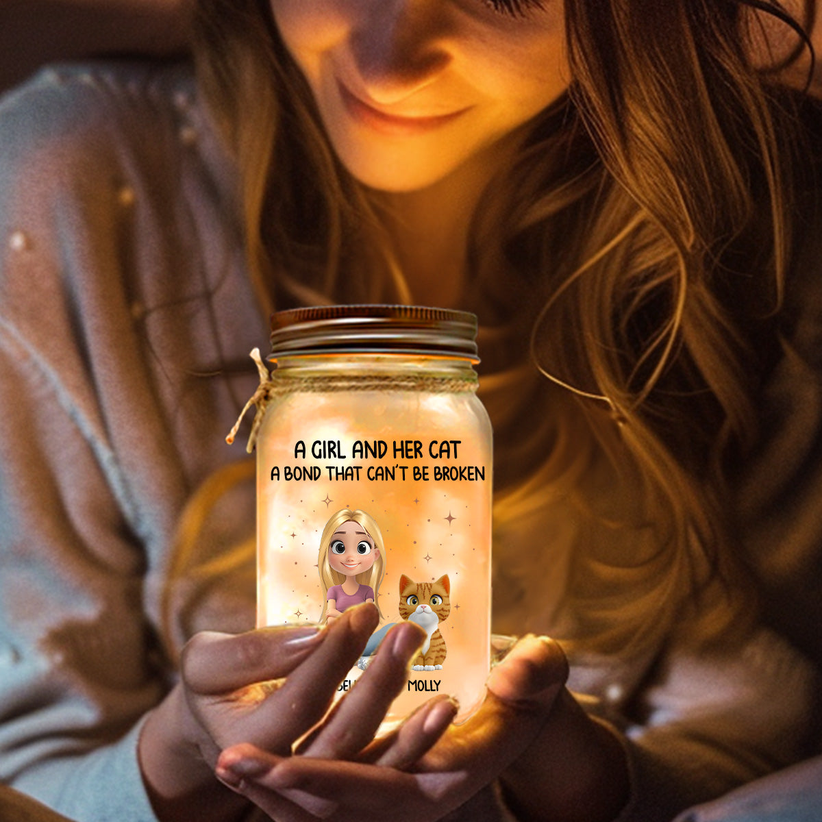 A Girl And Her Cat - 16oz Personalized Custom Mason Jar Light with Warm Starlights