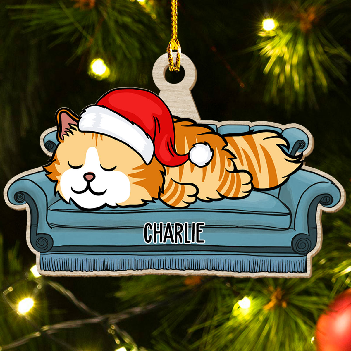 Personalized Custom 1-layered Sofa Cat Wood Christmas Ornament for Pet Lovers