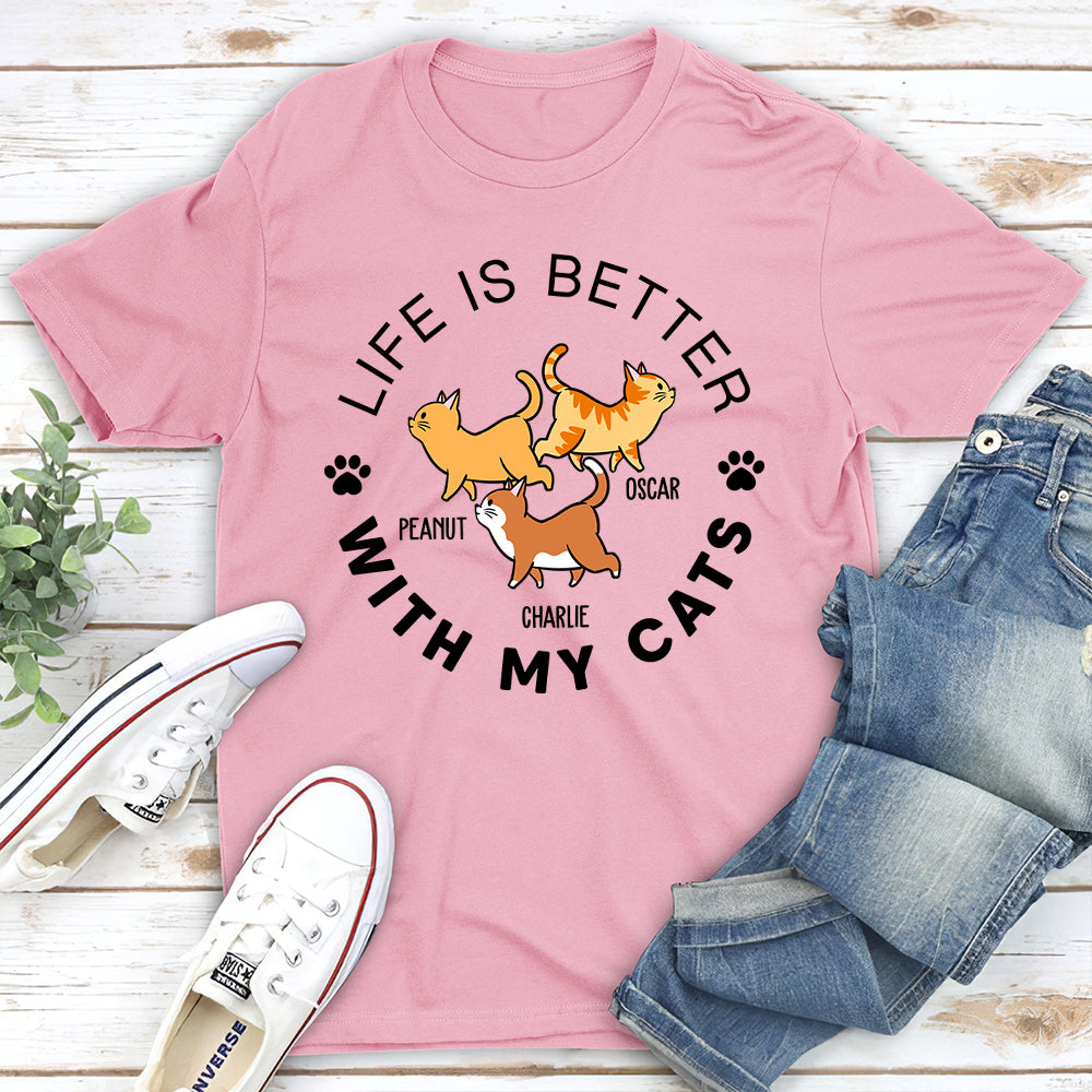 Life Is Better Walking Cat - Customizable Personalized Unisex 5.3 oz T-shirt