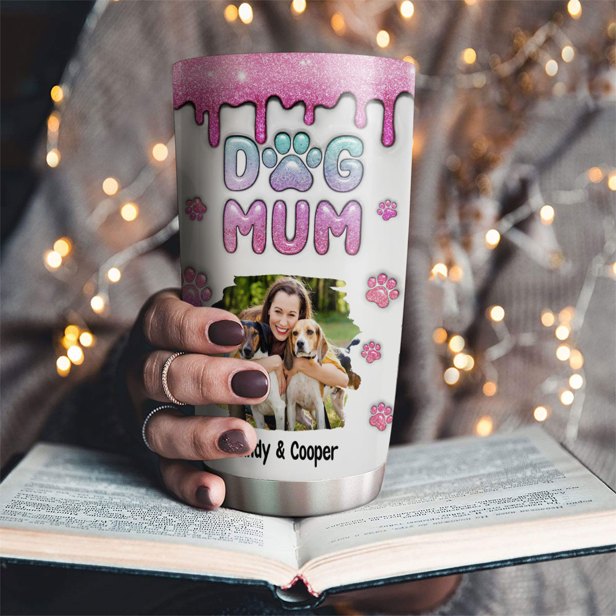 Unique Personalized Custom 3D Inflated Effect Dog Mom Glitter Photo Tumbler