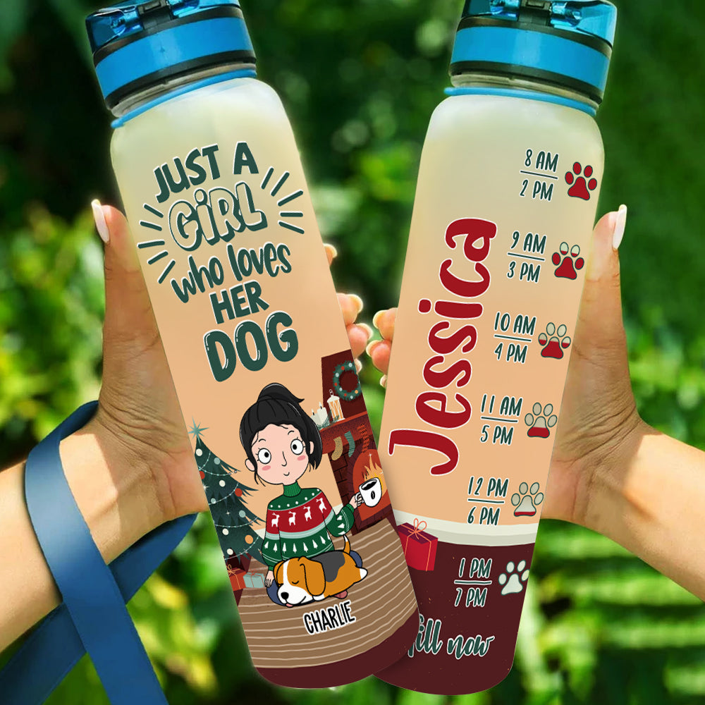 Personalized Custom Christmas Water Tracker Bottle - A Girl Loves Dog Design