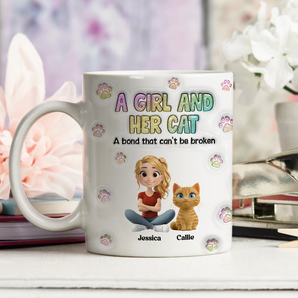 A Girl And Her Cat - Personalized Custom 3D Inflated Effect Ceramic Mug (11oz, 15oz)