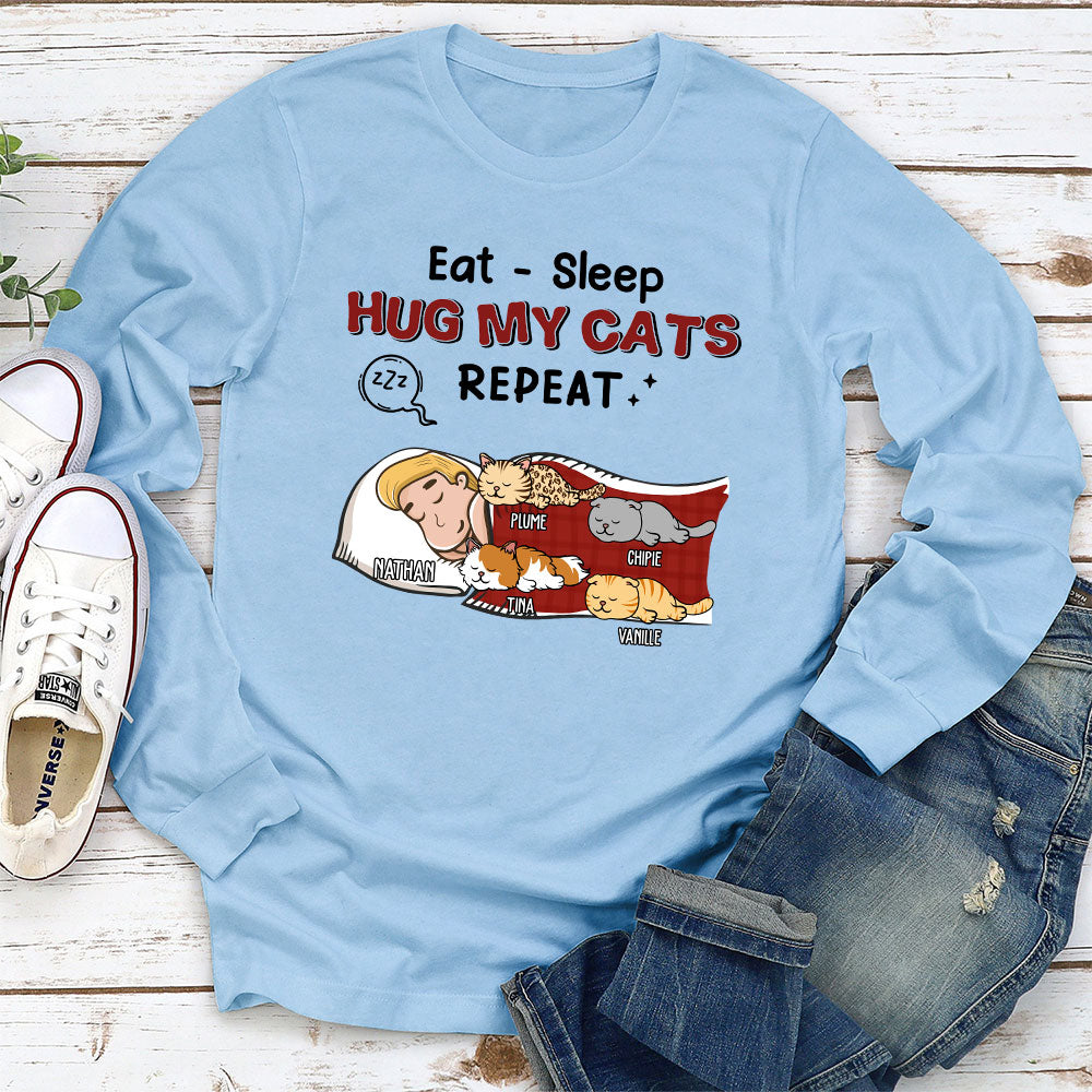 Eat Sleep Hug Cat Repeat - Customizable Personalized Long Sleeve Unisex T-shirt for Pet Lovers