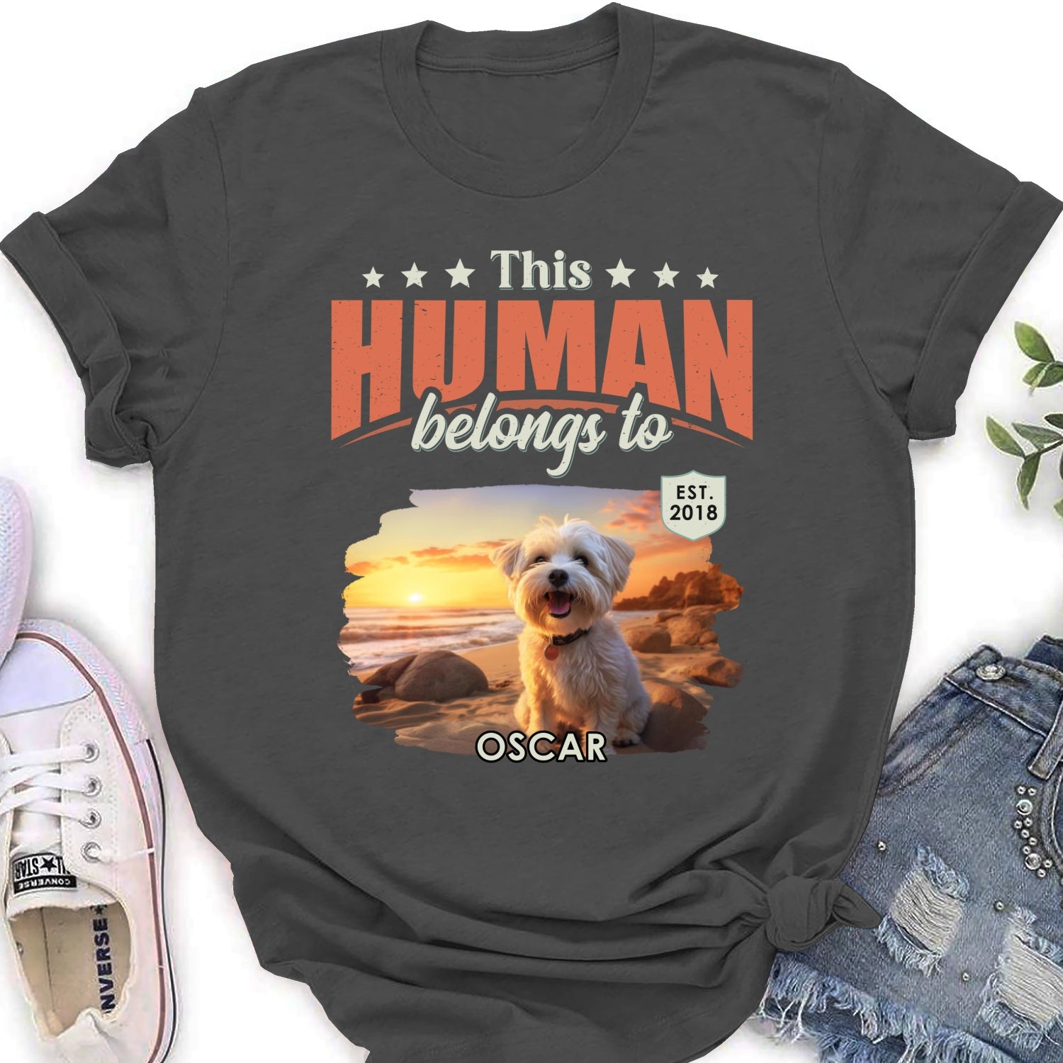 Personalized Custom Women's 'This Human Belongs To Dogs' Photo T-Shirt - Ideal Gift for Pet Lovers
