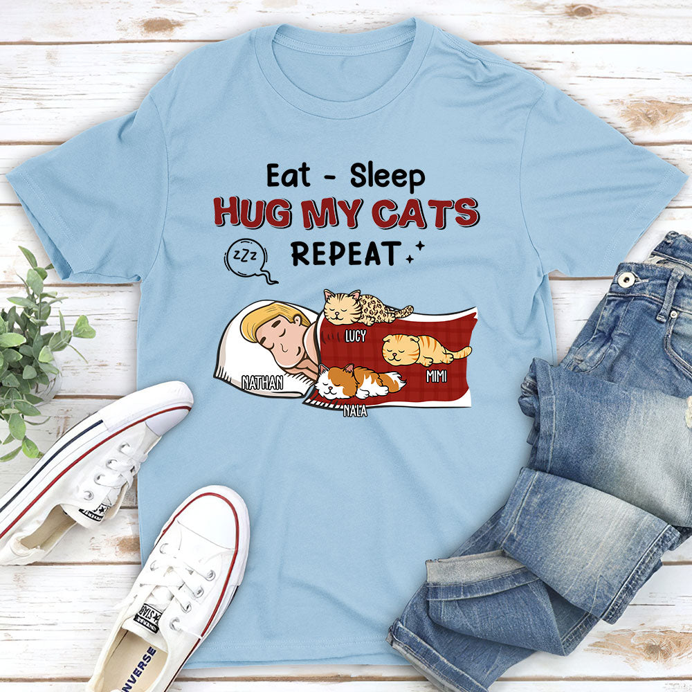 Eat Sleep Hug Cat Repeat - Customizable Unisex 5.3 oz Personalized T-shirt for Pet Lovers