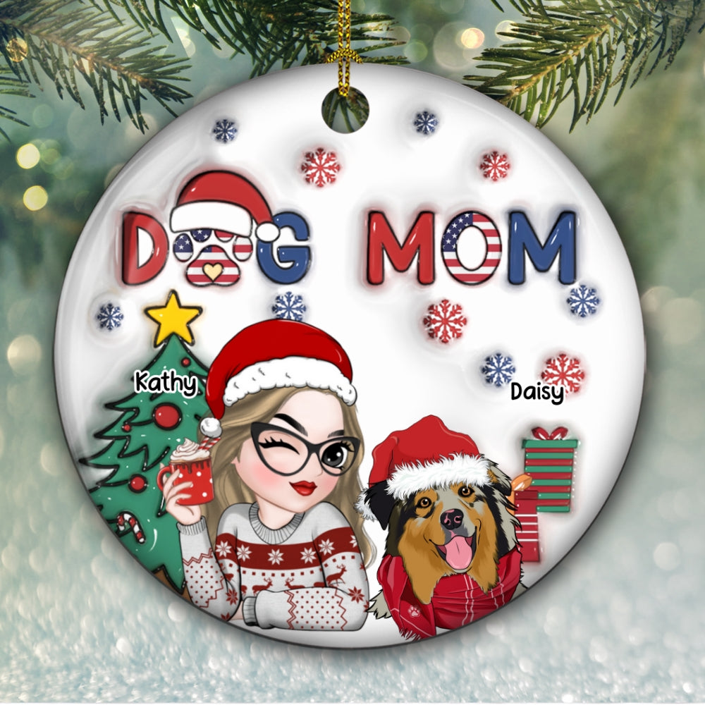 American Dog Mom Christmas - Exquisitely Personalized Custom 3D Inflated Effect Ceramic Christmas Ornament