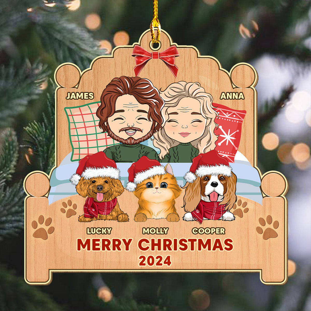 Happy Family With Pets - Exquisite Personalized Custom 1 - layered Wood Christmas Ornament