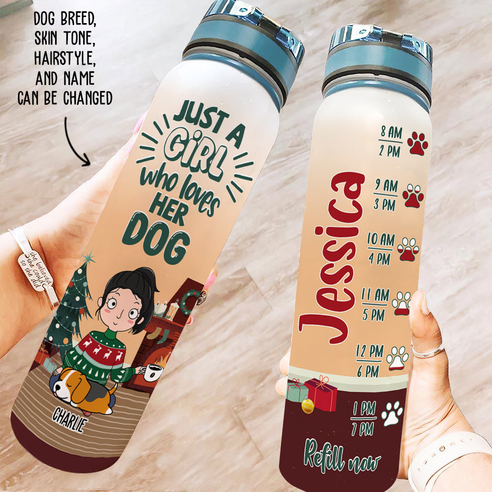 Personalized Custom Christmas Water Tracker Bottle - A Girl Loves Dog Design