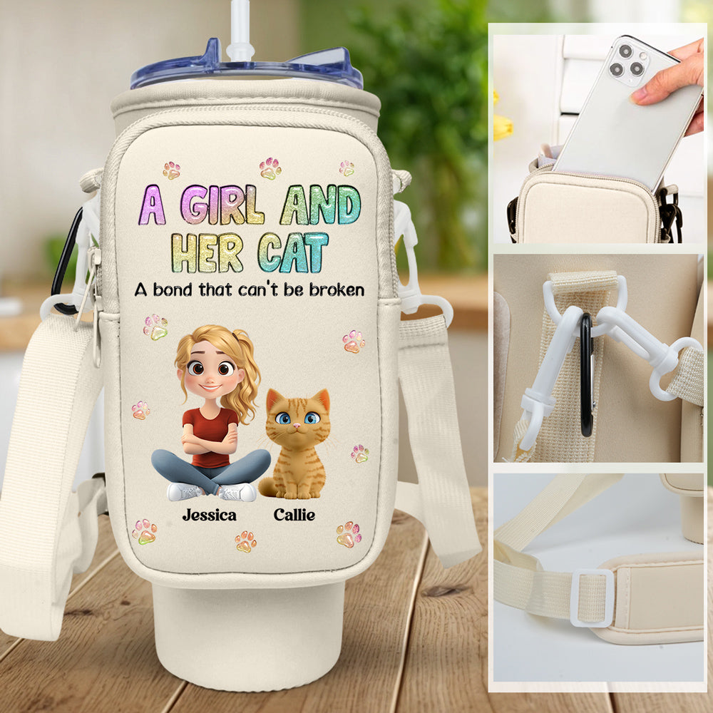A Girl And Her Cat - Personalized Custom 40oz Tumbler or Water Bottle Carrier Bag with Detachable Pouch