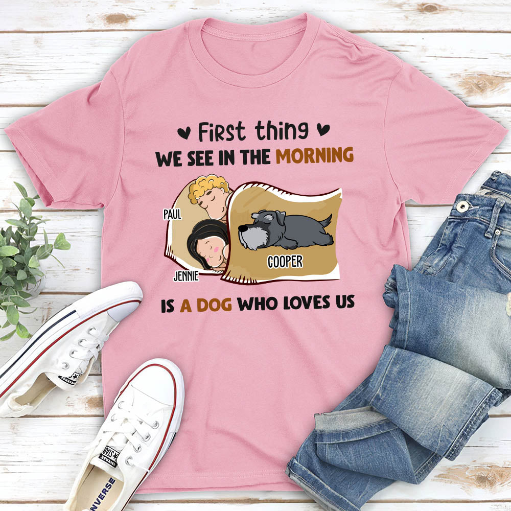 Morning First Thing Couple - Personalized Custom Unisex 5.3 oz T-shirt for Pet Lovers