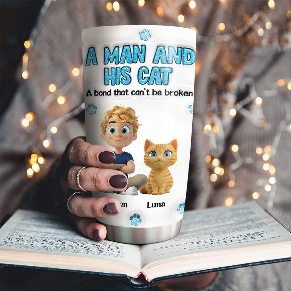 A Man And His Cat - Personalized Custom 3D Inflated Effect 20oz Stainless Steel Tumbler for Long - Lasting Temperature Retention