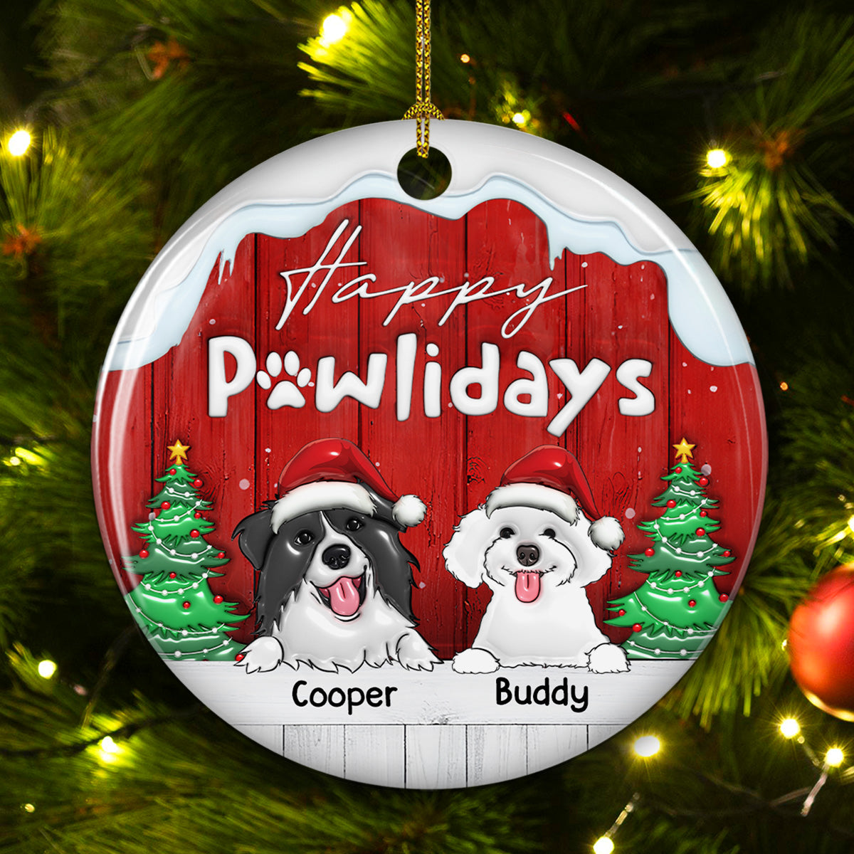 Happy Holiday Personalized Custom 3D Inflated Effect Premium White Ceramic Ornament for Dogs - Ideal Christmas Keepsake
