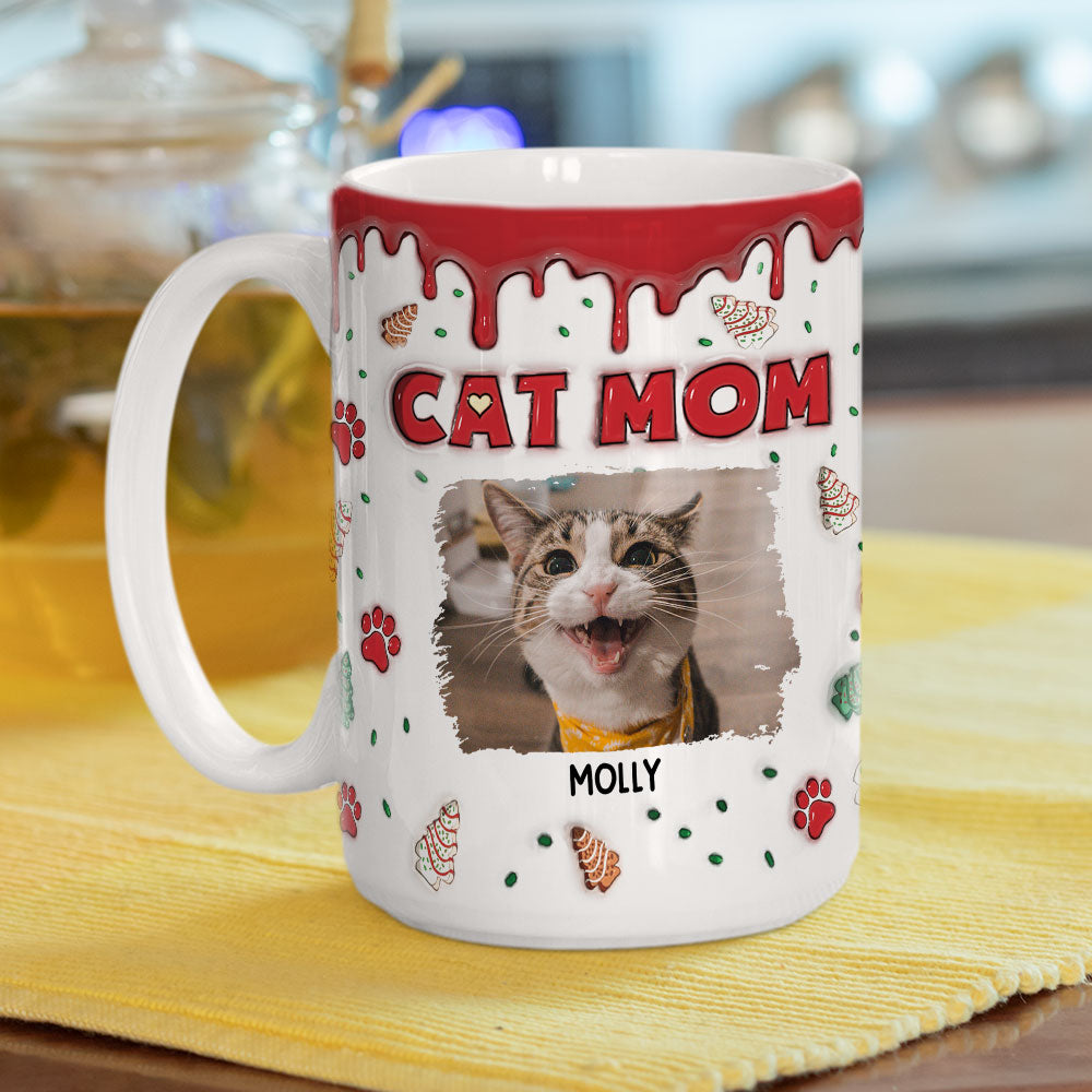 Personalized Custom 3D Inflated Effect Cat Mom Christmas Cake Photo Mug - 11oz & 15oz