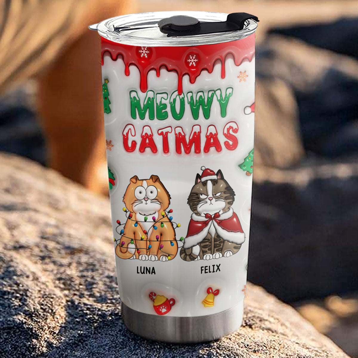 Meowy Christmas Personalized 3D Inflated Effect 20oz Custom Tumbler for Cold & Hot Drinks